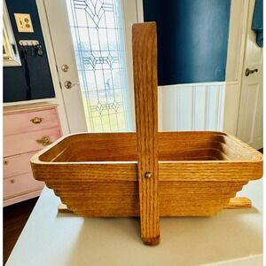 MCM Folding Collapsible Rectangle Wooden Fruit Basket With Handle Walter B Holts
